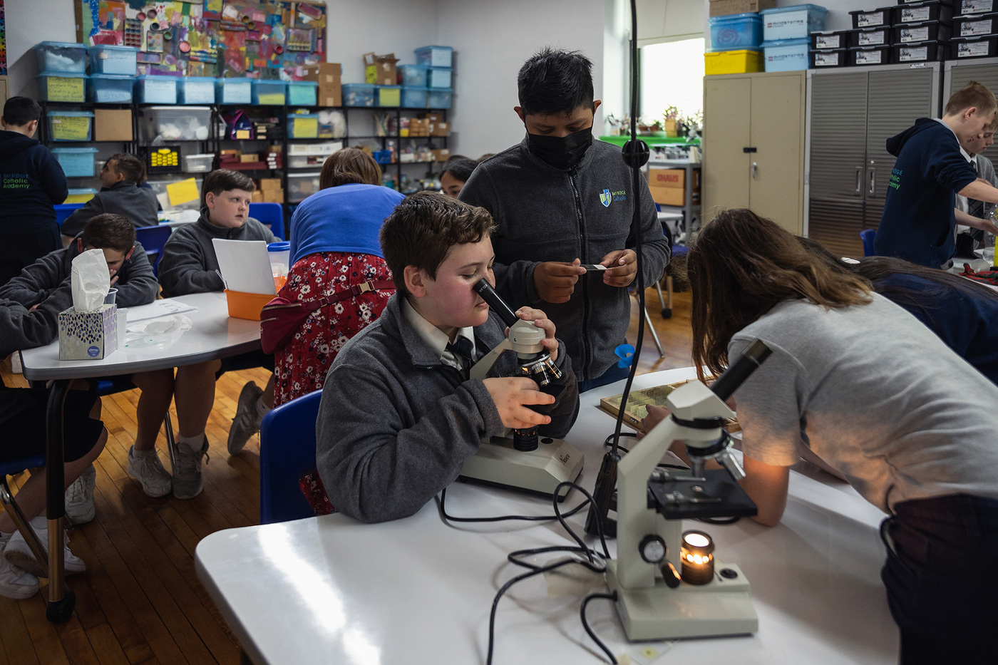 students with microscopes